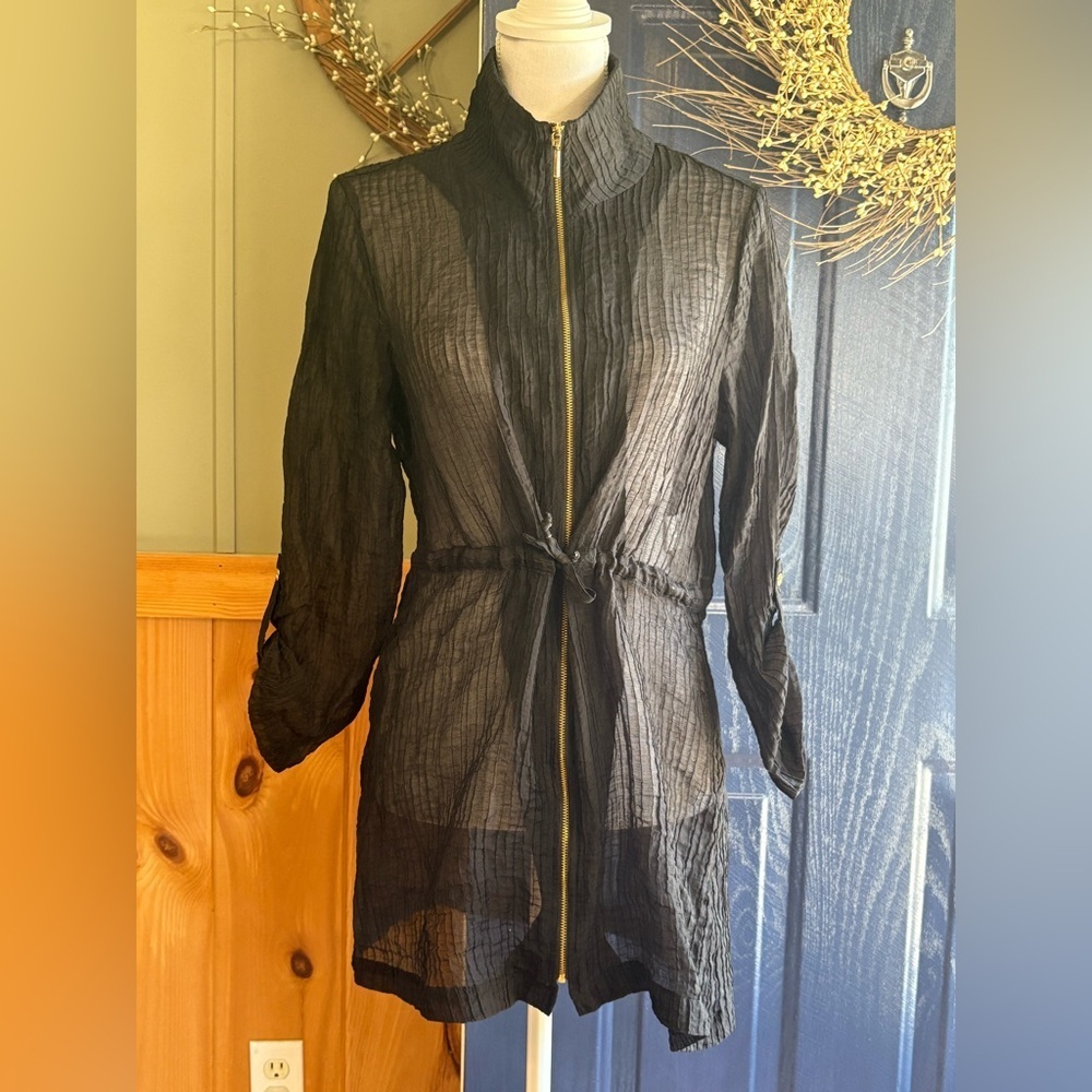 Kasper Black Sheer Crinkle Swim Coverup with Front Gold Zip